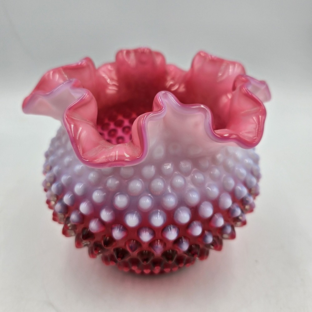 Fenton Cranberry Opalescent Hobnail Glass Vase Rose Bowl Ruffle Crimped Vintage
